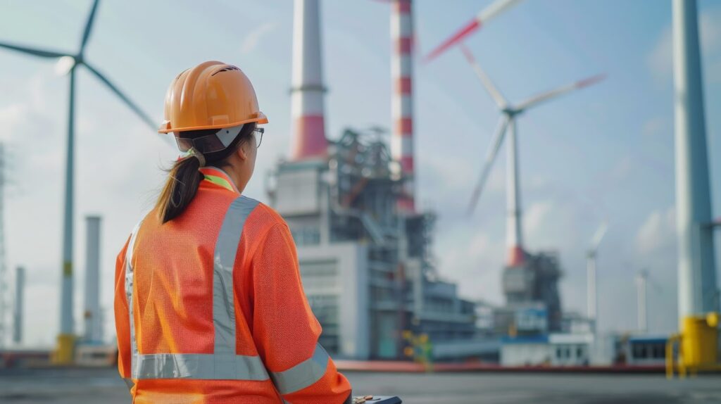 a back portrait of a female marine engineer at the port