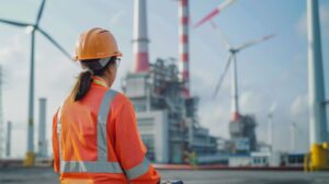 a back portrait of a female marine engineer at the port