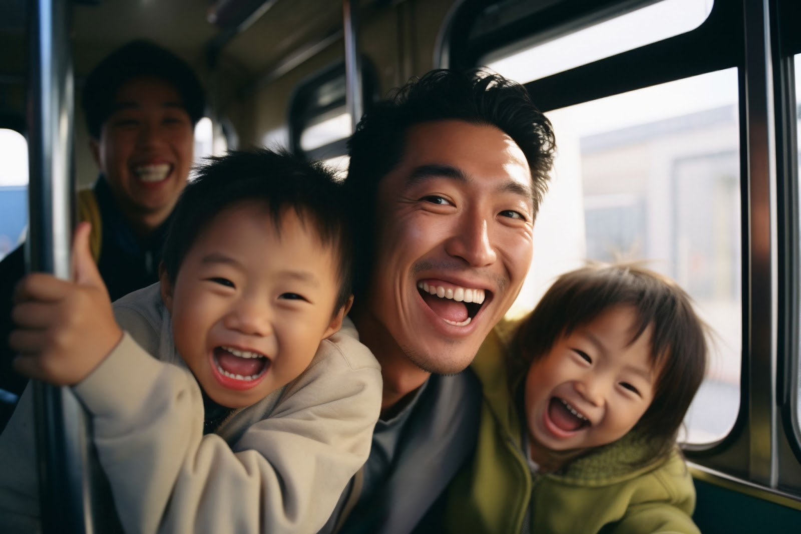 asian dad with his kids riding a transportation